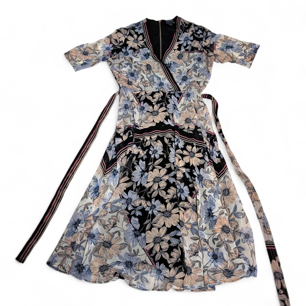 Gabby Style Blue Floral Wrap Midi Dress -‎ Size 4
